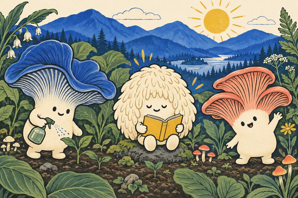 Blue Oyster mists a garden while Lion’s Mane reads and Pink Oyster waves in their illustrated mountain world